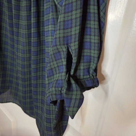 Talbots Green Navy Plaid Off Shoulder Blouse Large Petite - Picture 4 of 5